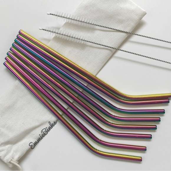 New Reusable Stainless Steel Oil Slick Holographic Tumbler Straw Set - Picture 11 of 14